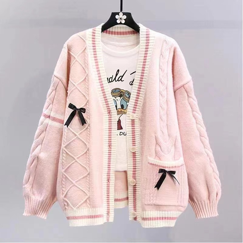 Bowknot sweater jacket for women autumn and winter loose 2024 new lazy style design age-reducing Japanese knitted cardigan - Image 5