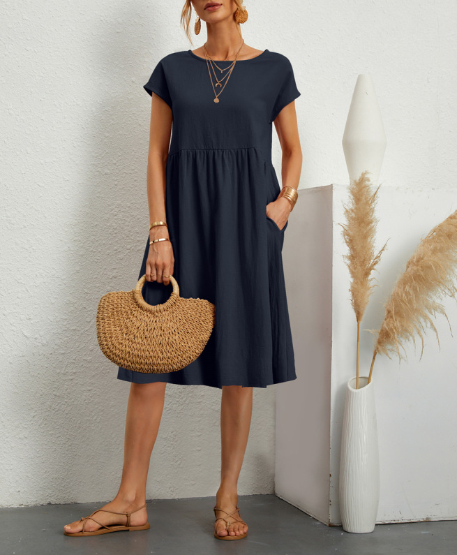 Amazon 2023 summer cross-border supply OL temperament women's cotton round neck A-line skirt dress manufacturer wholesale women - Image 5
