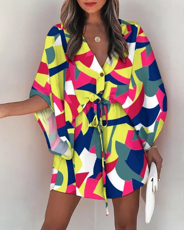 2023 Cross-border European and American Summer Flutter Sleeve A-line Dress Wish Amazon V-neck Tie-up Casual Vacation Short Dress - Image 8