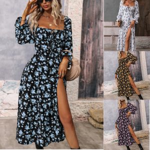 2025 Cross-border Spring and Autumn New Amazon AliExpress European and American Printed Long Sleeve Backless Bohemian Dress
