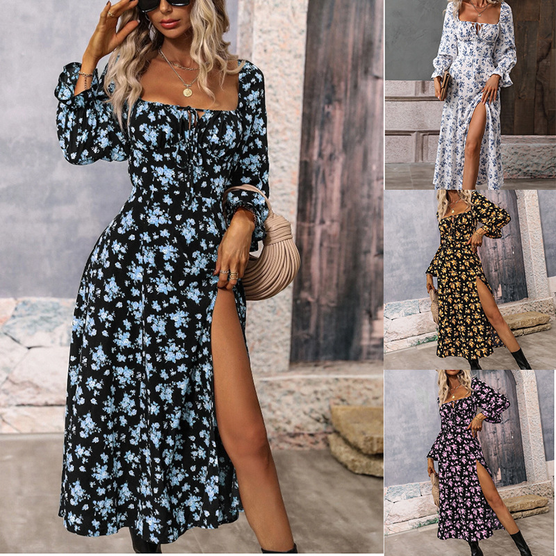 2025 Cross-border Spring and Autumn New Amazon AliExpress European and American Printed Long Sleeve Backless Bohemian Dress