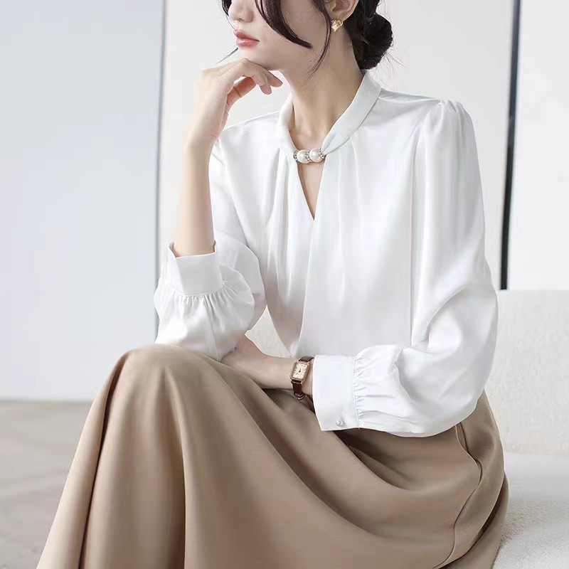 French niche halter neck stand collar beaded shirt female 2025 spring new style pullover satin temperament commuter professional top - Image 2