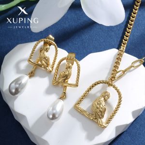 Xuping Jewelry Parrot Birdcage Earrings and Necklace Two-Piece Set, European and American Fashion Earrings and Imitation Pearl Necklace Set