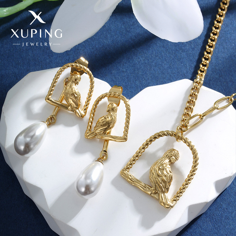 Xuping Jewelry Parrot Birdcage Earrings and Necklace Two-Piece Set, European and American Fashion Earrings and Imitation Pearl Necklace Set