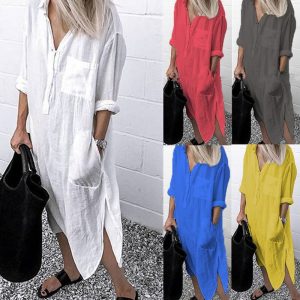 Button-Down Long Shirt Dress with Side Slit