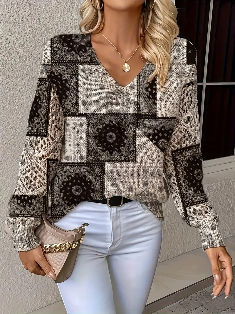 Cross-border AliExpress V-neck printed T-shirt, spring/summer T-shirt, retro pastoral style, all-over floral print, loose casual wholesale. - Image 10