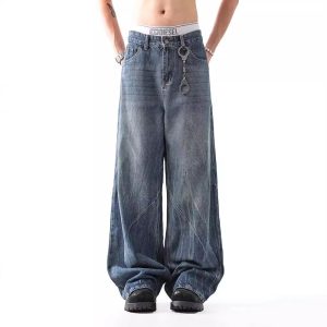 Lightning burst blue black jeans for men and women trendy straight wide-leg pants slightly flared slim pants for couples