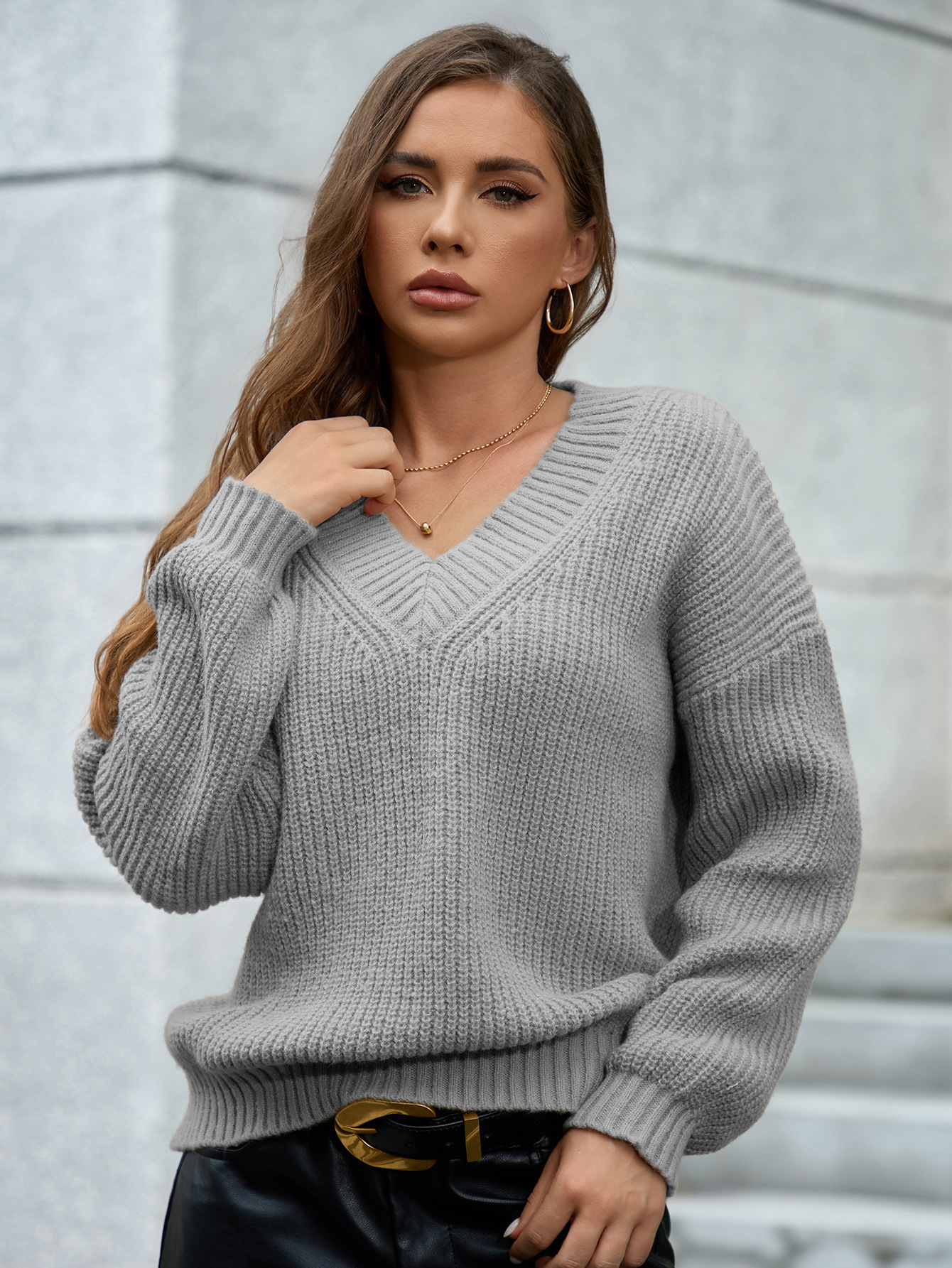 Amazon-style V-neck pullover long-sleeved sweater, cross-border foreign trade women's clothing, fashionable solid color, versatile knitted top. - Image 11
