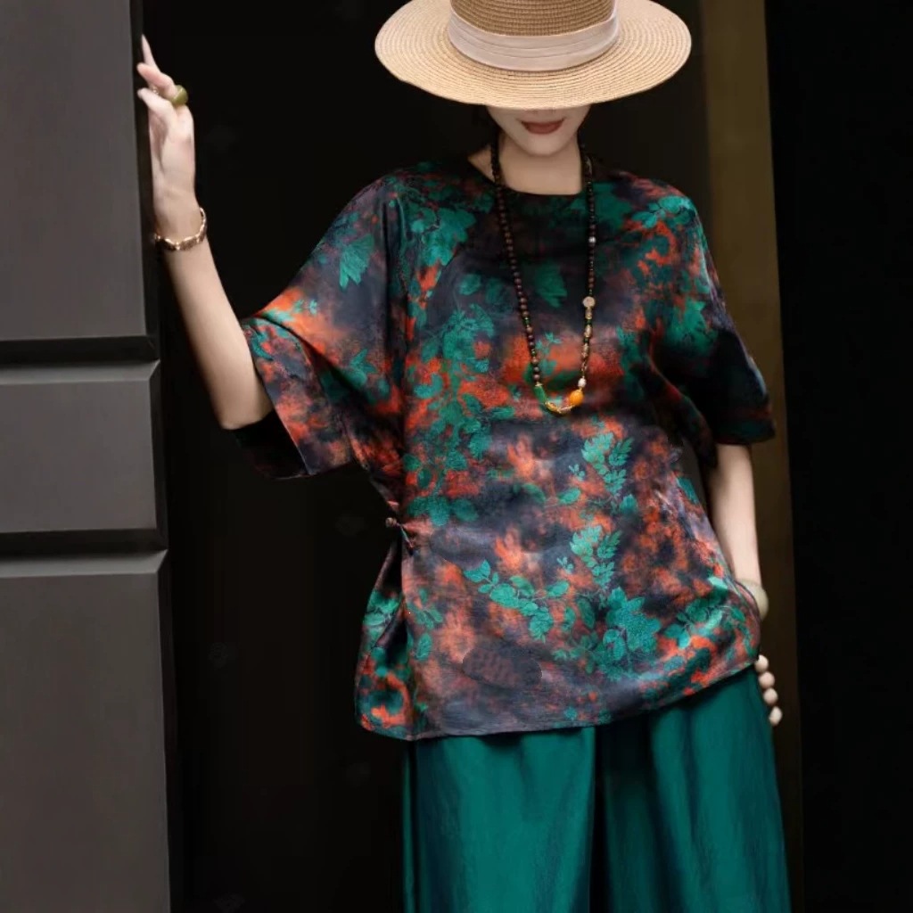 Factory direct wholesale of new Chinese style mulberry silk and fragrant cloud yarn zip-up blouse, 2026 hot-selling pattern, old-fashioned loose fit shirt for summer. - Image 2