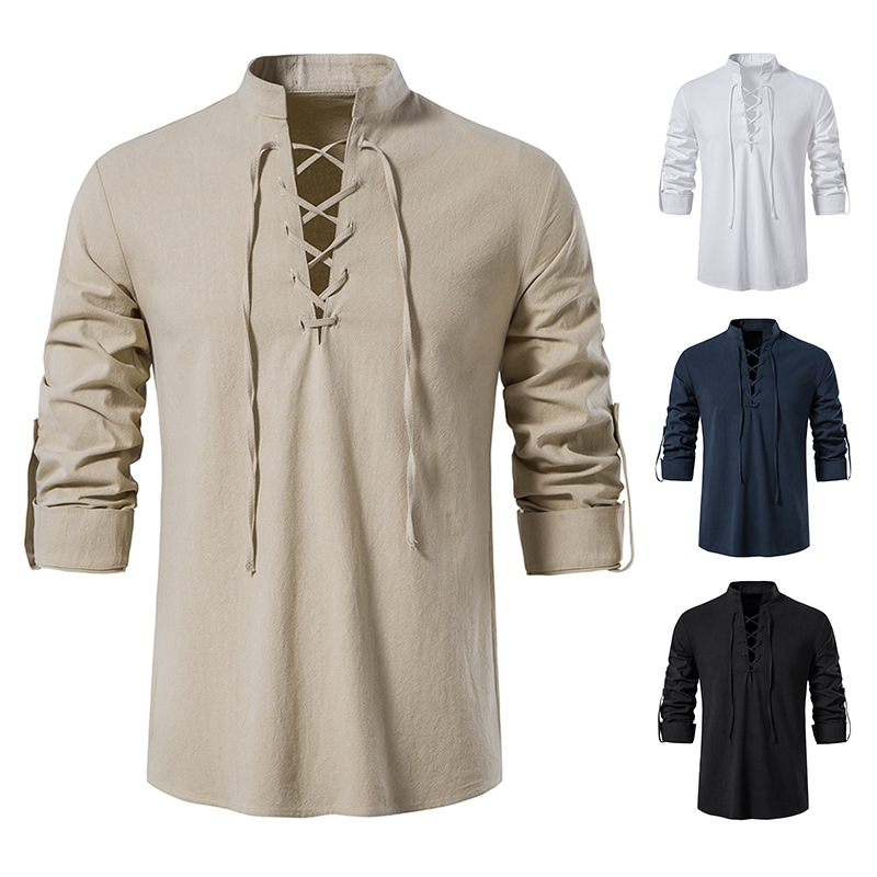 2023 Men's New Amazon Men's Cotton and Linen Henley Shirt Long Sleeve Hippie Casual Beach Stand Collar Shirt European Size - Image 2