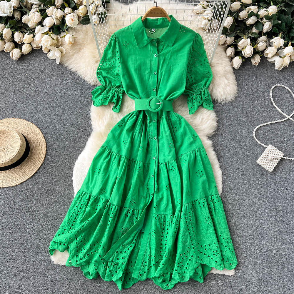 Light Luxury Minority Hollow Embroidered Dress Women's Summer 2022 New Tight Waist Slimming Puff Sleeve Shirt Midi Dress - Image 10