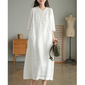White Spring Dress for Women, Plus Size, Slimming V-Neck Pleated Cotton Linen Dress, Knee-Length Midi Dress