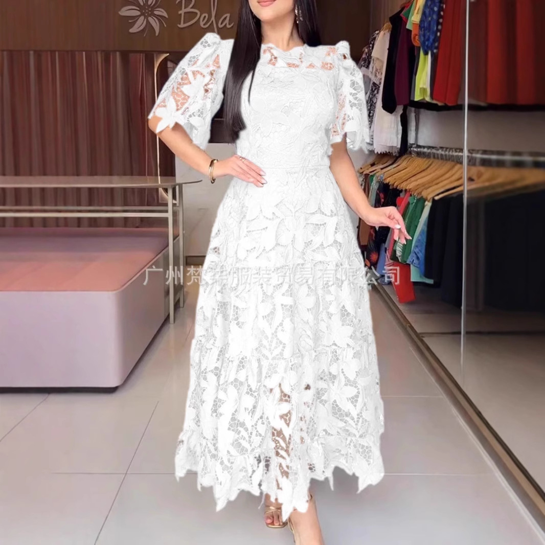 European and American cross-border e-commerce, 2025 summer Amazon independent store, elegant and fashionable heavy-duty hollowed-out lace solid color dress. - Image 2