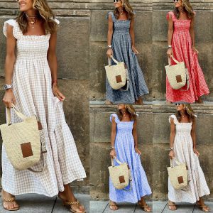 2024 European and American independent station Amazon summer temperament women's clothing collage plaid suspenders elastic large swing dress
