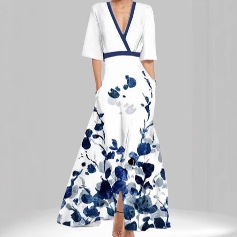 2025 European and American foreign trade Amazon fashion elegant temperament V-neck women's printed tie-waist full skirt dress - Image 2