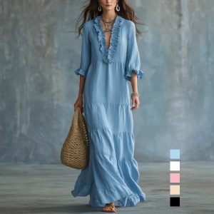European and American cross-border Amazon TK women's bohemian V-neck layered casual flowy long ruffle dress