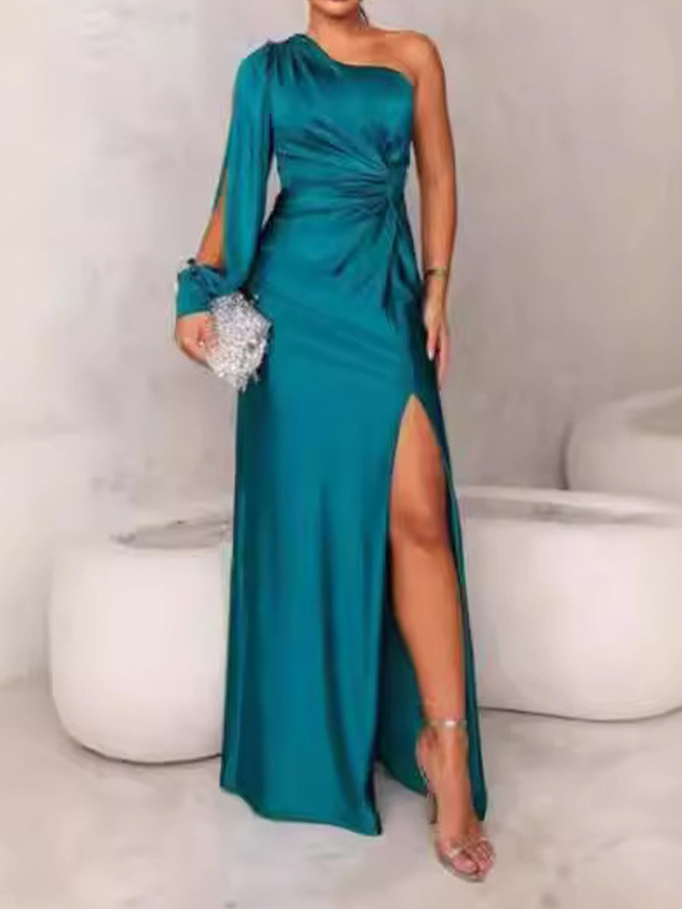 2024 summer new European and American Amazon cross-border women's clothing oblique collar raglan sleeves pleated waist slit sexy long skirt - Image 10