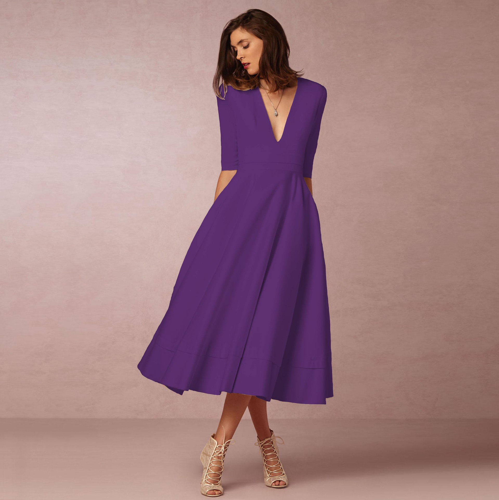 2023 new European and American foreign trade women's evening dress Amazon hot style sexy deep V mid-sleeve swing dress - Image 4