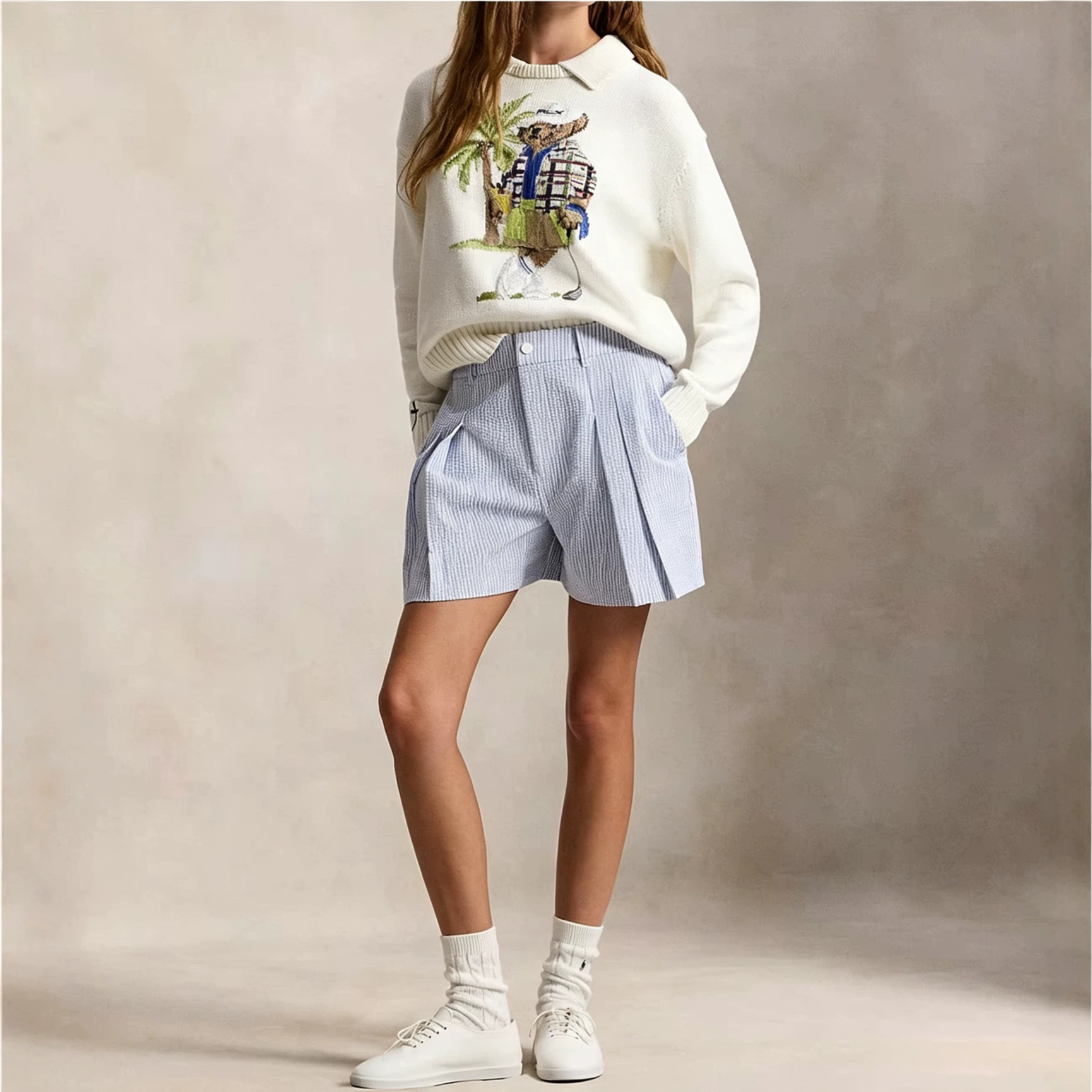 Scannable QR code R-L High-quality Autumn/Winter Pure Cotton Round Neck Knitted Long-Sleeve Tropical Golf Bear Cartoon Sweater for Women - Image 2