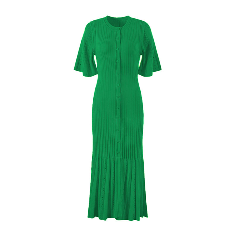 Foreign trade Middle Eastern celebrity style new style temperament waist trumpet sleeve knitted dress ladies round neck single breasted long skirt - Image 8