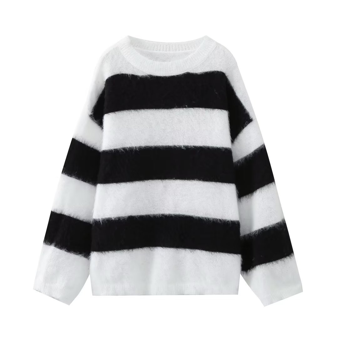 Cross-border Amazon European and American clothing 2023 autumn and winter new loose casual striped long sleeves contrasting round neck M6282 - Image 3