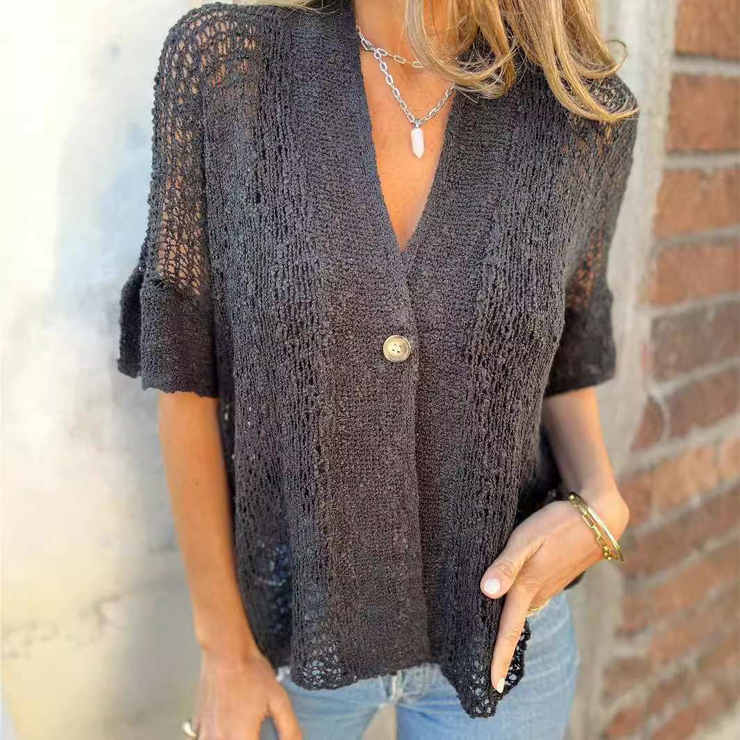 2026 New European and American Style Women's Spring and Autumn Single-Button Mid-Sleeve Hollow-Out Knit Cardigan Top for Foreign Trade Independent Websites - Image 2