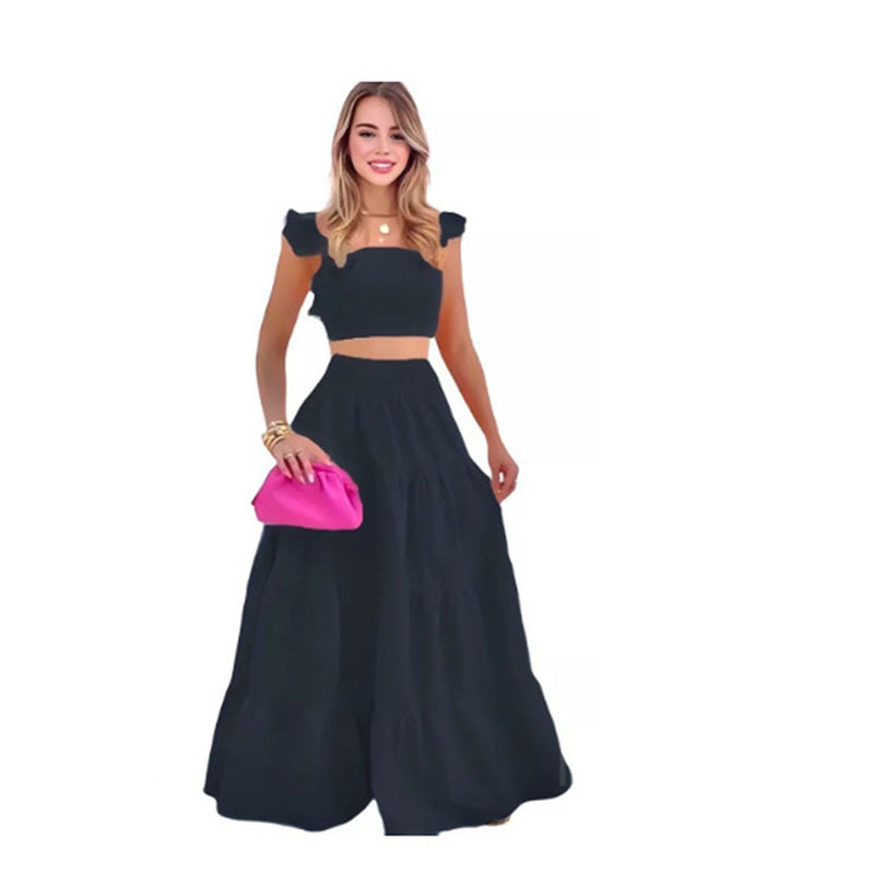 2023 summer European and American cross-border new temperament sexy solid color mid-waist suspenders two-piece suit dress - Image 10