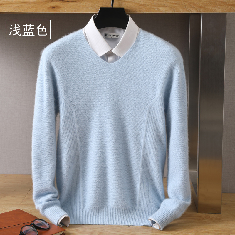 Autumn and winter new men's V-neck loose pullover solid color mink velvet base sweater knitted sweater inner top wool sweater - Image 12