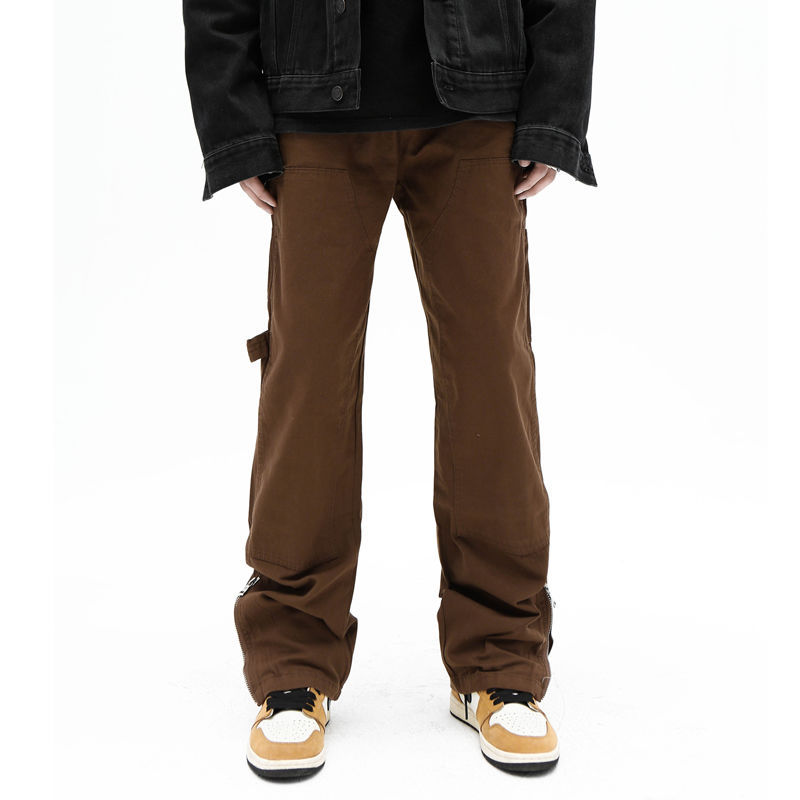 European and American high street brown micro flared zipper jeans men's winter American style trendy brand loose casual retro pants - Image 2