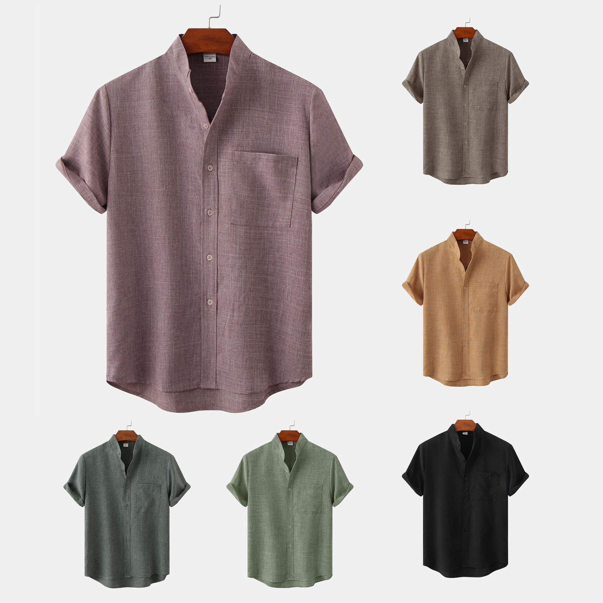 2024 Summer New Men's Wish Amazon AliExpress Hot Selling Source Short Sleeve Solid Color Cotton and Linen Men's Shirt