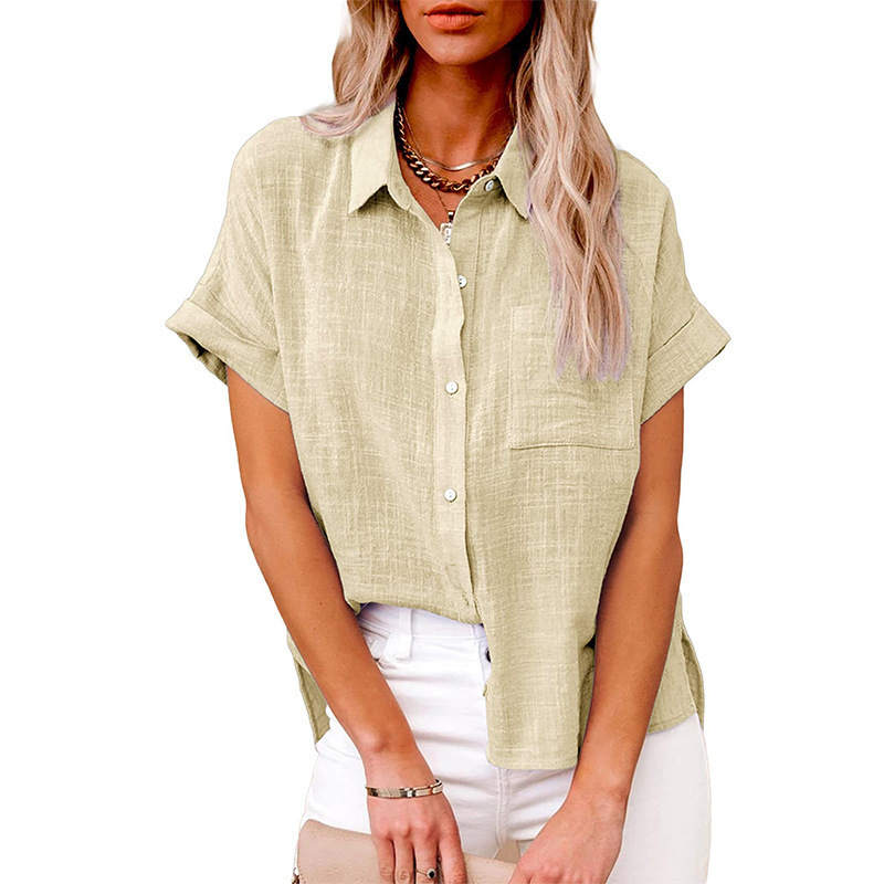 Amazon wish2022 summer new European and American cross-border women's solid color linen shirt short-sleeved casual loose shirt - Image 4
