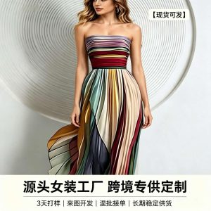 Rainbow Pleated Strapless Long Dress