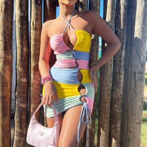 Double-Layer Halter Dress with Drawstring Detail