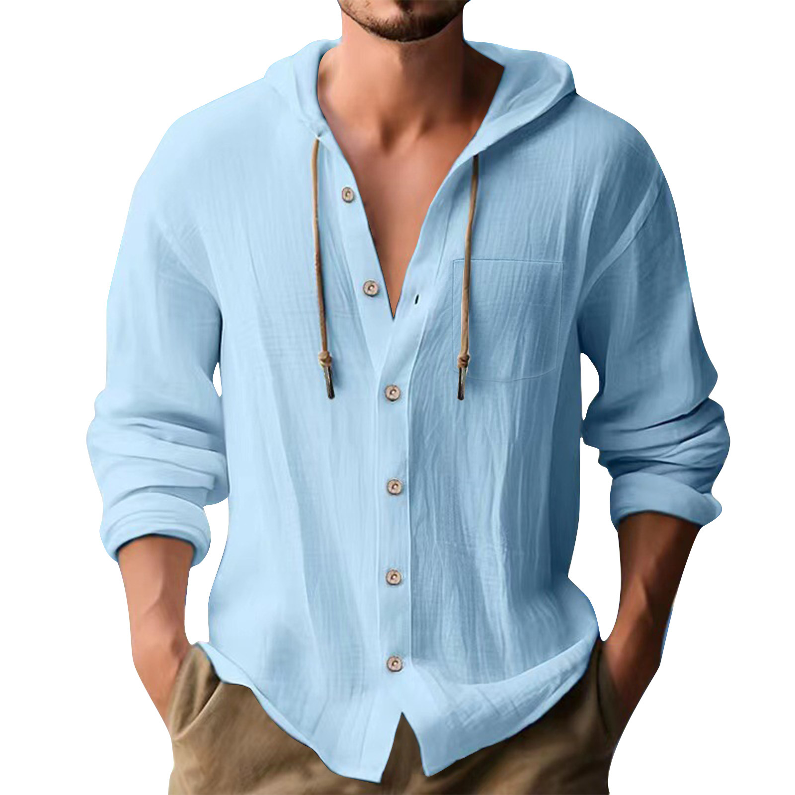 Cross-border European and American 2025 New Hot Selling Sports Trendy Hooded T-shirt Solid Color Cotton Linen Casual Long Sleeve Men's Shirt - Image 19