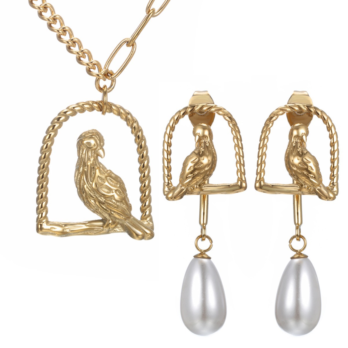 Xuping Jewelry Parrot Birdcage Earrings and Necklace Two-Piece Set, European and American Fashion Earrings and Imitation Pearl Necklace Set - Image 3