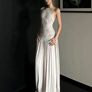 Rovente lace-trimmed slip dress, elegant and sophisticated summer style, fitted waist, backless sleeveless long dress.