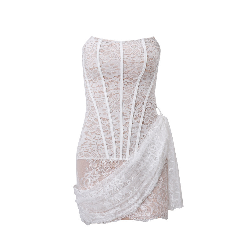 Amazon 2023 autumn new women's clothing sexy lace mesh one-shoulder tube top slightly transparent slim dress female - Image 6