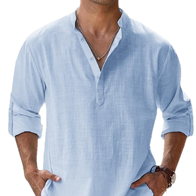 Summer New Casual Men's Loose Fit Stand Collar Sports Solid Color Long Sleeve Pure Cotton Shirt Plus Size Available - Image 5