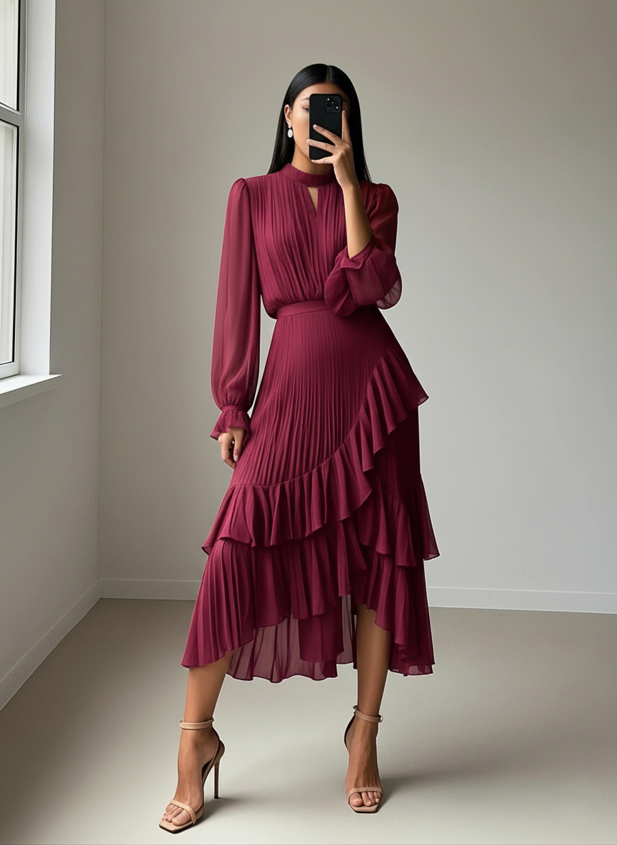 2025 European and American cross-border new solid color dress, Middle Eastern foreign trade ruffled pleated dress, midi skirt, Amazon. - Image 7