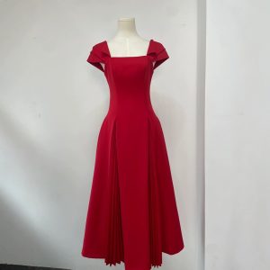 Red Pleated Square-Neck Dress