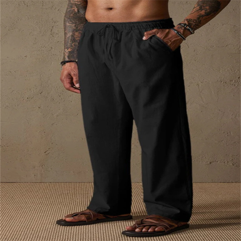 Cross-border European and American style men's linen drawstring solid color breathable outdoor loose casual straight leg cotton linen trousers - Image 10