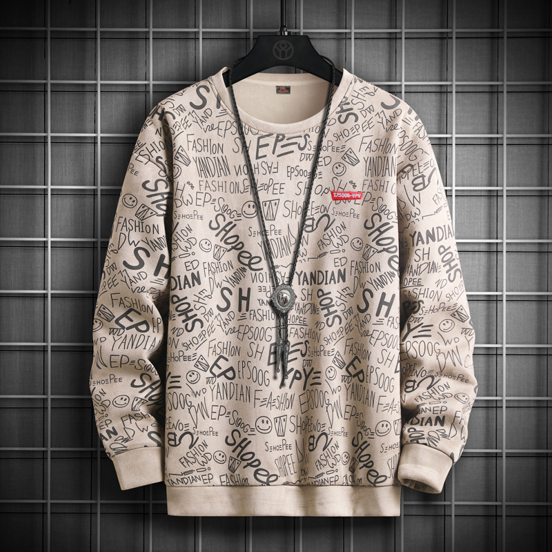 Sweater men's 2023 spring new youth fashion full print casual loose American round neck suede sweater cross-border - Image 3
