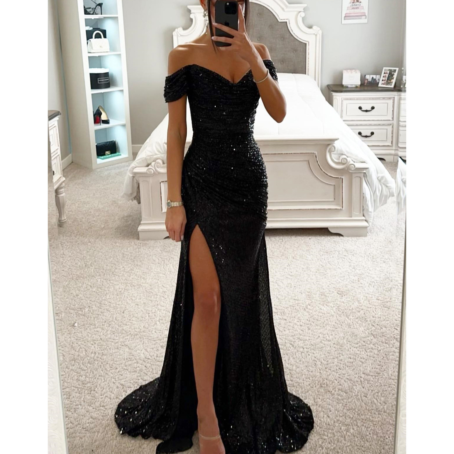 Cross-border 2025 European and American new style party sequined off-shoulder slit dress, INS casual fashion dress for women. - Image 6