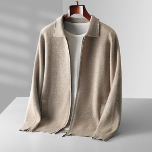 Autumn and winter new Australian wool cardigan men's loose outer wear lapel thickened large size knitted zipper cardigan wholesale