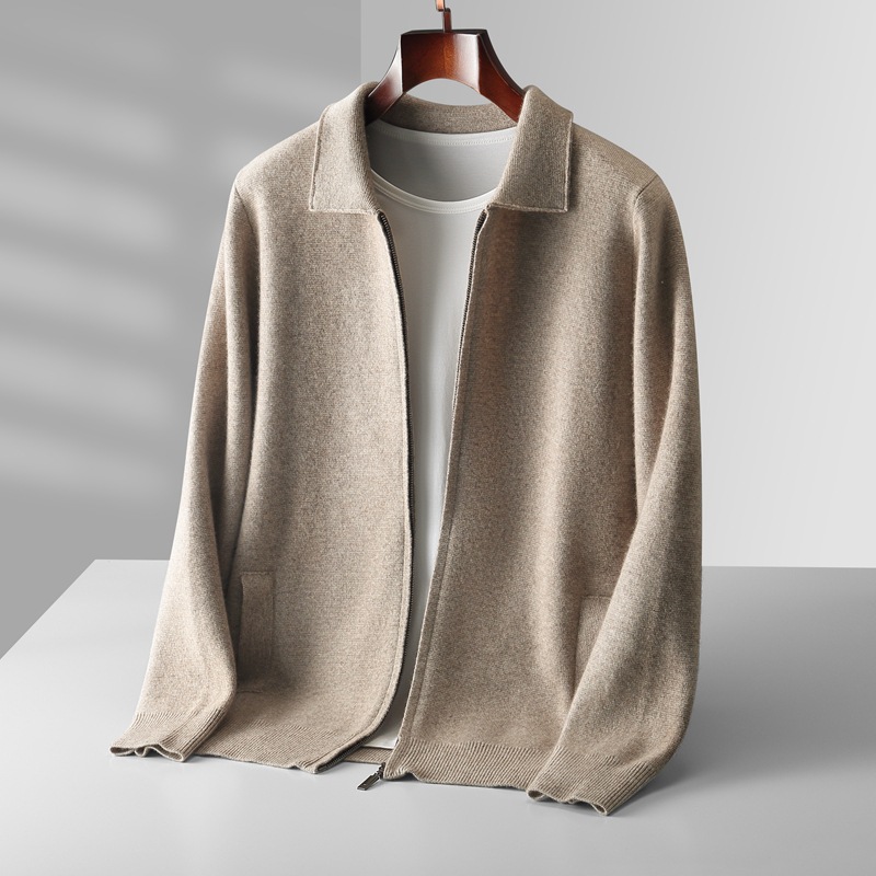 Autumn and winter new Australian wool cardigan men's loose outer wear lapel thickened large size knitted zipper cardigan wholesale