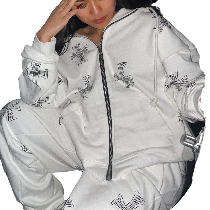 Spot European and American autumn and winter fashion brand loose tops cross hot diamond zipper hooded men and women sweatshirt long sleeve hip hop - Image 5