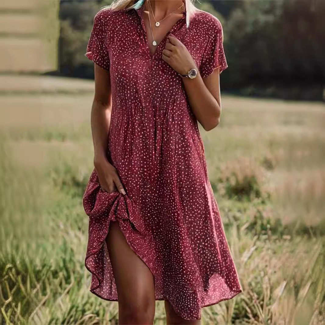 New European and American cross-border trade summer long dress, casual loose V-neck short-sleeved printed polka dot shirt dress for women. - Image 3