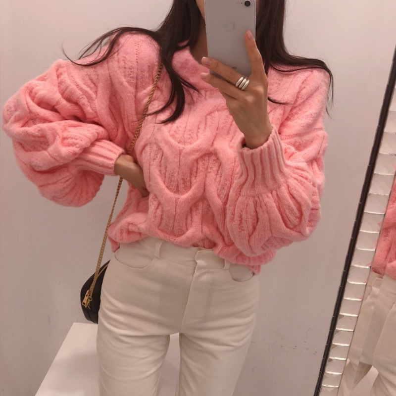 Lantern puff sleeve round neck cable knit pullover sweater for women, autumn and winter, lazy style, Korean style, loose and thick cable knit sweater - Image 7