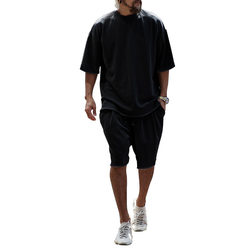 2025 Export Hot Selling Summer Solid Color Sports Suit Casual Loose Short-Sleeve Shorts European and American Trendy Fashion Men's Clothing - Image 6