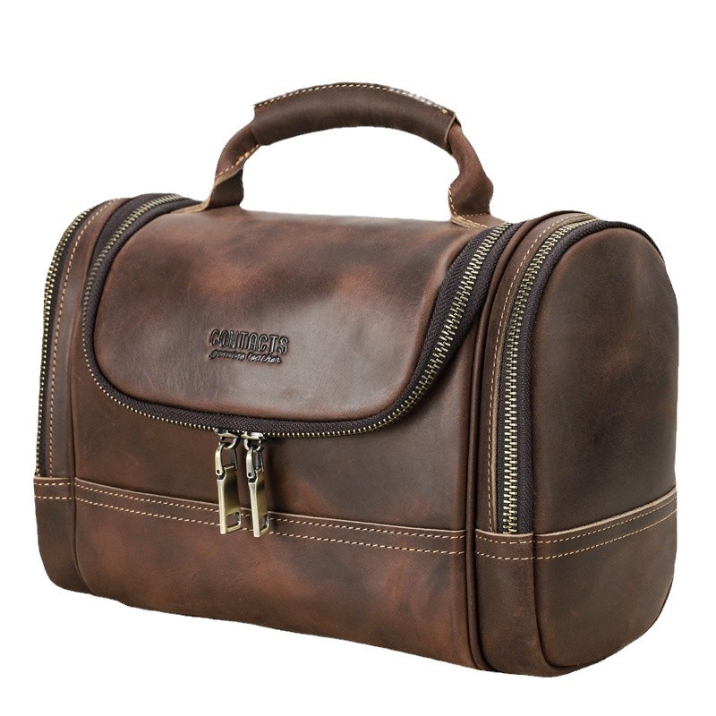 Black Angel Retro Crazy Horse Leather Multi-zipper Bag Hand-held Washing Bag Large Capacity Trendy Cosmetic Bag Storage Bag - Image 6